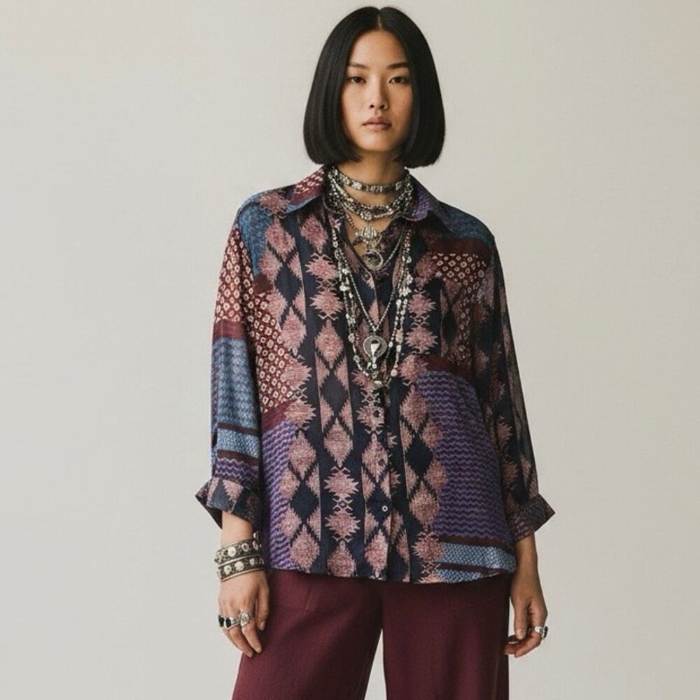 Glamorous 70s Style Boho Western Patchwork Sheer Blouse Size 10